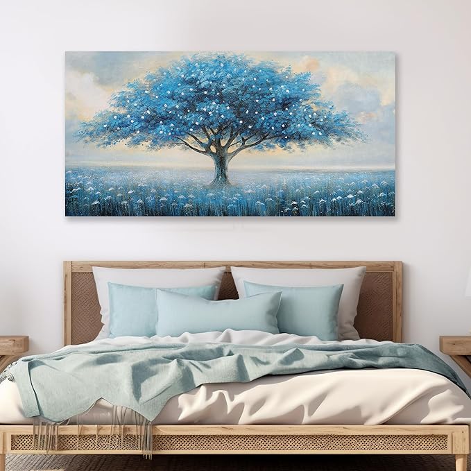 Glvzygy Blue Tree of Life Wall Art Abstract Modern Artwork Canvas Painting Textured Tree Pictures Wall Decor Home Decor Wall Ready to Hang for Bedroom Living Room Size 29"x58"