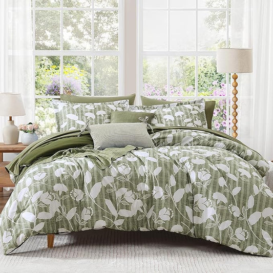 King Comforter Set -7 Pieces Olive Green Floral Comforter Set for All Seasons, Bed in a Bag King with Botanical Flowers Comforter, Sheets, Pillowcases & Shams