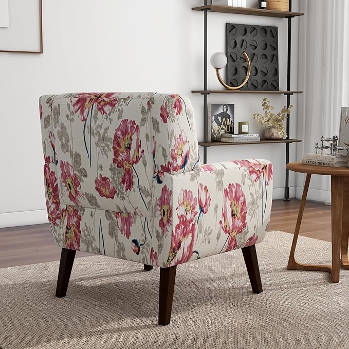 Accent Chair, Modern Linen Blend Arm Chair for Living Room, Bedroom, Comfy High-Resilient Sponge Reading Chair for Small Spaces (Pattern Pink Floral, Set of 1)
