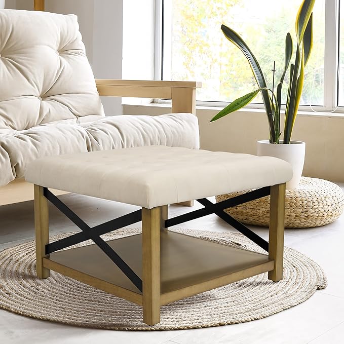 HomePop Tufted Ottoman with Wooden Storage - Cream