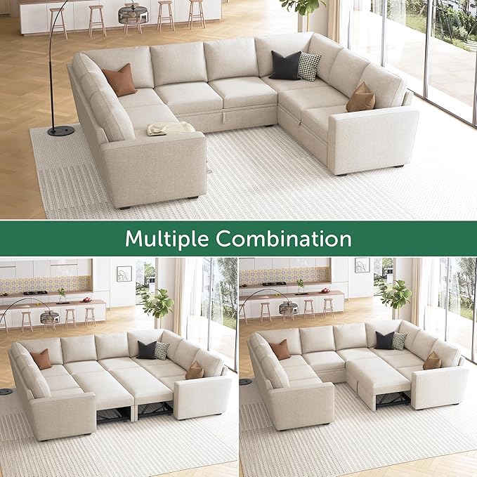 HONBAY Sleeper Sectional Couch with Pull Out Bed, Modular Sofa with Storage Seats, U Shaped Sectional Couches for Living Room, Beige