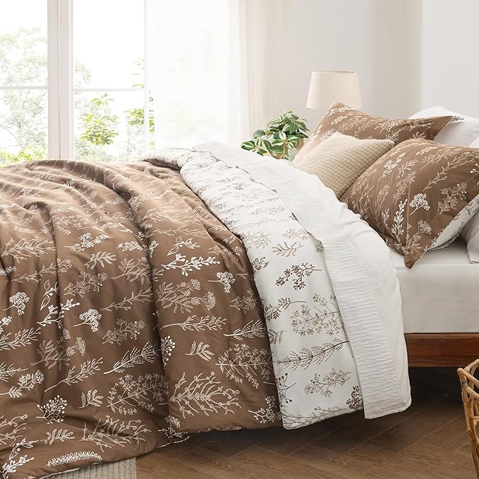 Bedsure Full Comforter Set - Brown Bed Set, 3 Pieces Cute Floral Bedding, 1 Soft Reversible Botanical Flowers Comforter and 2 Pillow Shams
