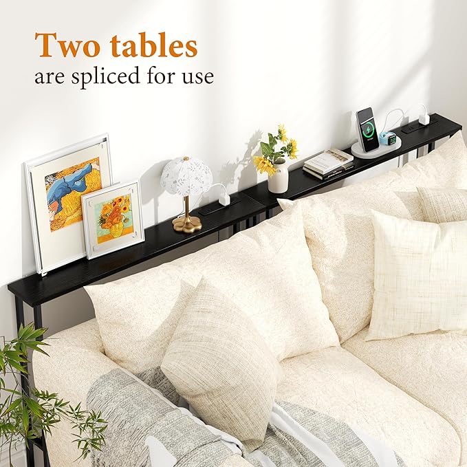 GRLEAF 39" Narrow Console Sofa Table with Built-in Power Strip (4 AC Outlets & 4 USB Ports) – 4.9ft Power Cord, Metal Frame, Easy Assembly, Ideal for Behind Couch, Hallway, and Home Office | Black