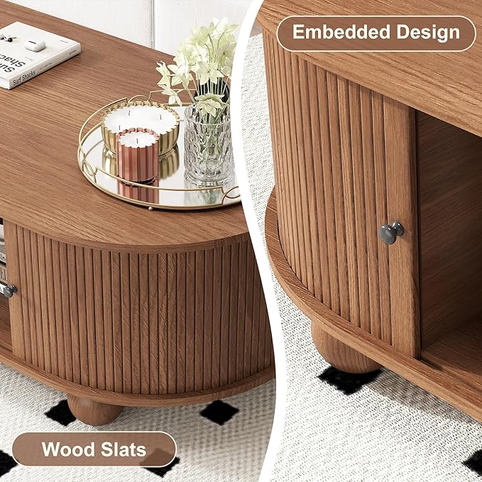 Oval Coffee Table with Storage, 47.3" Mid Century Modern Coffee Tables with Sliding Tambour Doors, Wood Fluted Accent Center Table for Living Room, Dining Room, Home Office, Walnut