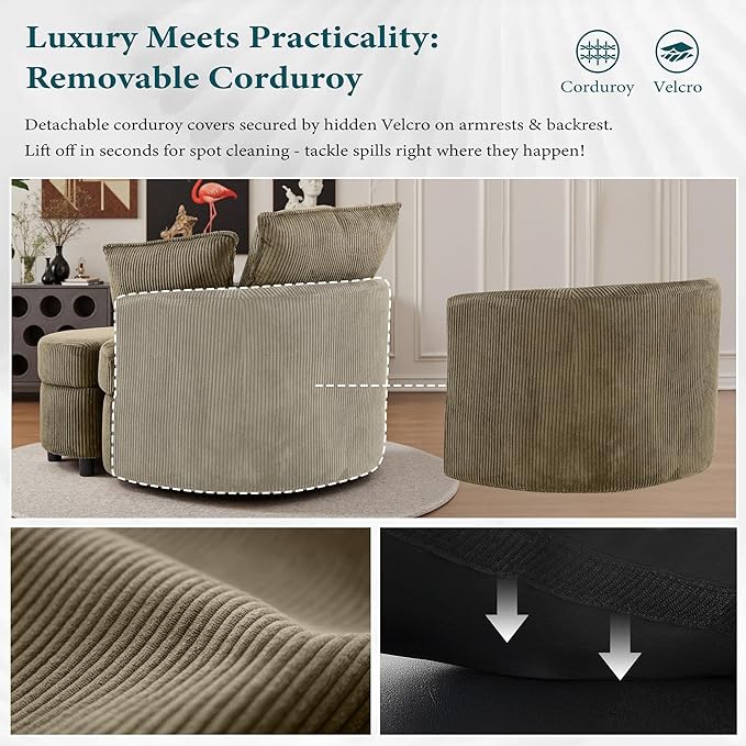 Swivel Accent Chair with Ottoman Comfy Reading Chairs for Bedroom Modern Corduroy Arm Chair 360°Swivel Barrel Chairs for Living Room,Apartment (Brown, 2)