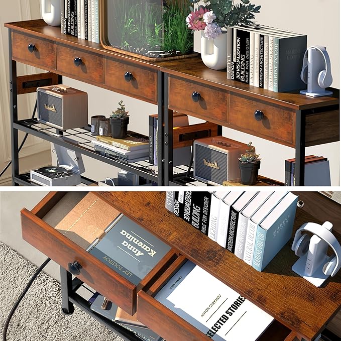 32" Entryway Table with Outlets: Console Table with 2 Wood Drawers and Storage Shelves, USB Ports, LED Light Strip, for Sofa, Living Room, Hallway, Foyer, Couch, and TV Stand