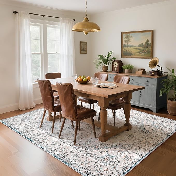 Living Room Rug 6x9 Rug, Machine Washable Area Rug Non Slip Low Pile Vintage Rug for Living Room, Bedroom, Farmhouse, Dining Room, Kids Playroom, Blue