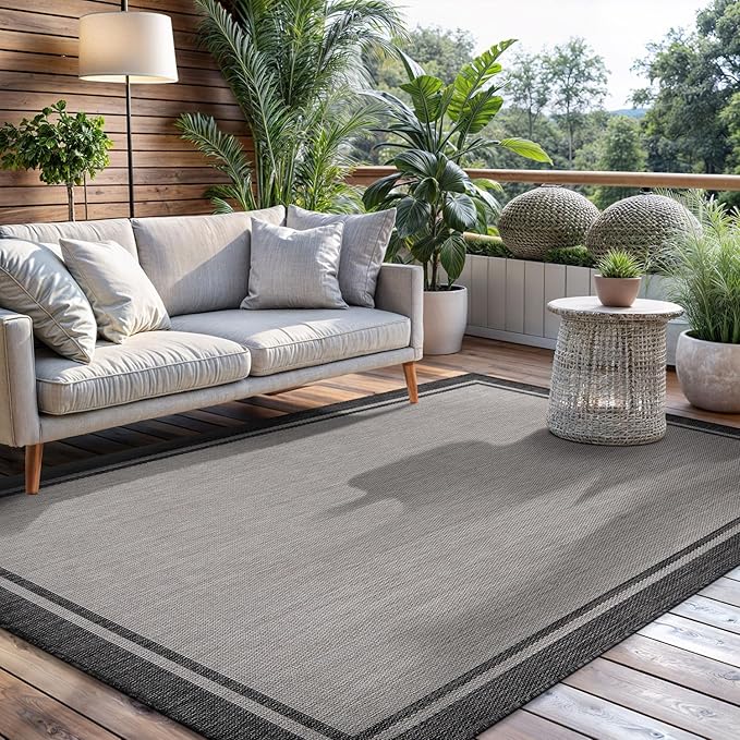 CAMILSON Indoor Outdoor Rug, 8x10 Bordered Gray Modern Area Rugs for Indoor and Outdoor Patios, Kitchen and Hallway Mats, Washable Porch Deck Outside Carpet (Bordered Grey, 8 x 10)