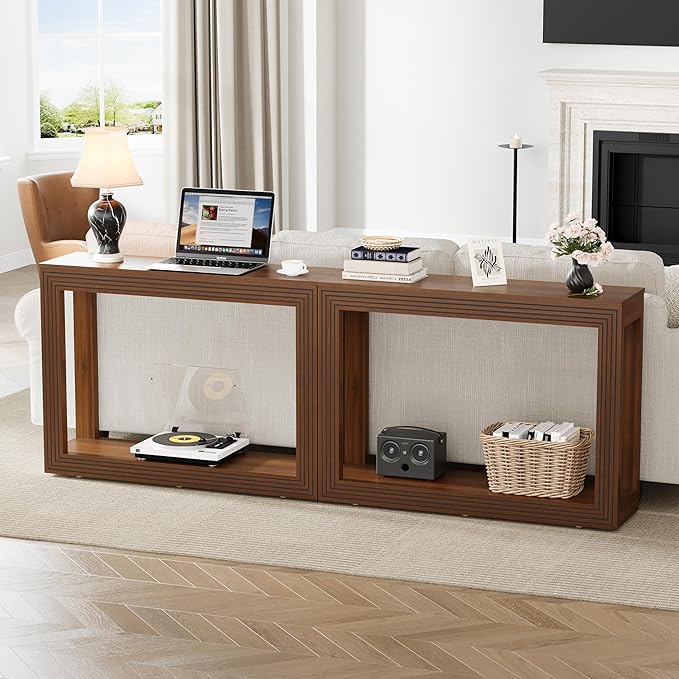 Mid-Century Fluted Console Table with Storage, Narrow Wooden Entryway Sofa Table Behind The Couch Small Entry Table for Entryway, Front Hall, Hallway Living Room, Walnut