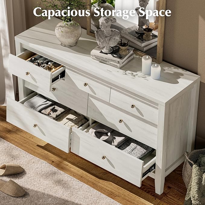 7 Drawers Dresser with Beveled Panel for Bedroom, Farmhouse Chest of Drawers, Mid Century TV Stand Closet Storage Furniture for Hallway, Living Room, Entryway, White