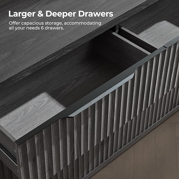 SICOTAS Dresser for Bedroom 6 Drawer Dressers & Chests of Drawers for Closet Long Large Modern TV Stand Set for Clothes Storage Fluted Wide Clothes Closet for Hallway Entryway, Dark Grey Alder