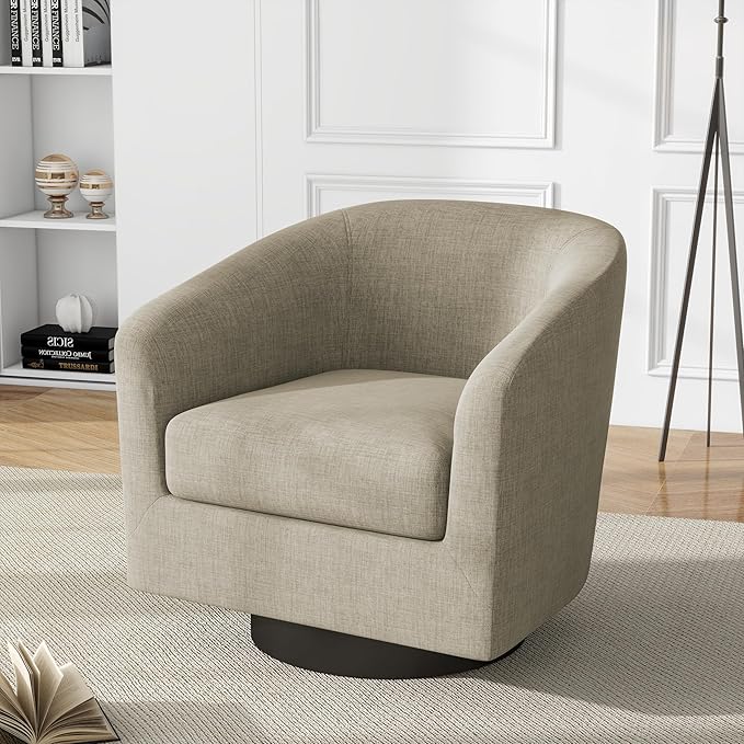 UIXE 360° Swivel Barrel Accent Chair Armchair, Modern Round Club Arm Chair Upholstered Living Room Single Sofa Seating Bedroom Side Reading Seat in Fabric for Home Office (Flax Brown)