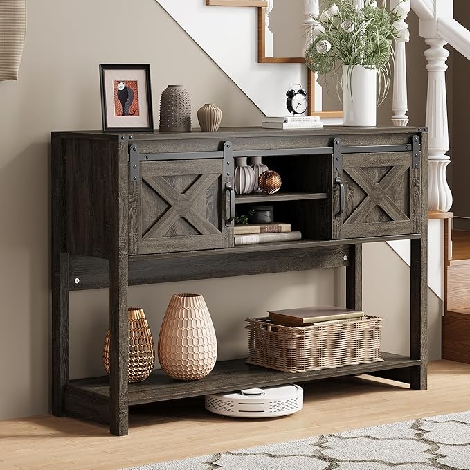 Console Table with Storage Shelf & Sliding Barn Door, Farmhouse Entryway Table with Storage, 46" Narrow Long Sofa, Behind Couch, Console Tables for Living Room (Dark Grey)