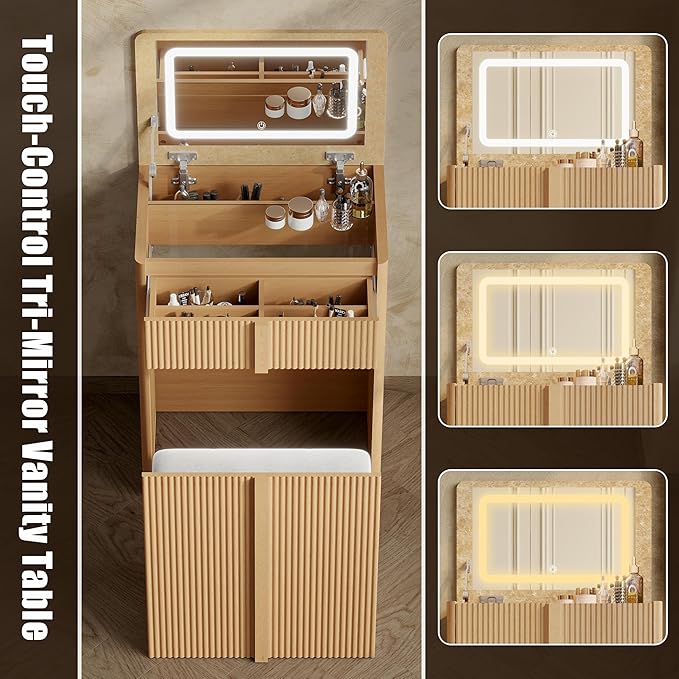 Compact Makeup Vanity Desk with Flip Top Mirror,3 in 1 Vanity Desk with Mirror and Lights,Hidden Storage Chair,Oak Makeup Vanity Table with Space-Saving for Small Bedrooms & Apartments,Light Oak