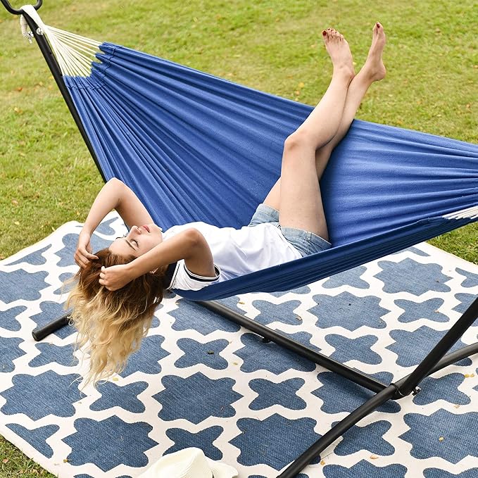 Lazy Daze Hammocks Double Hammock with 9ft Space-Saving Steel Stand Includes Portable Carrying Case, 450 Pounds Capacity (Dark Blue)