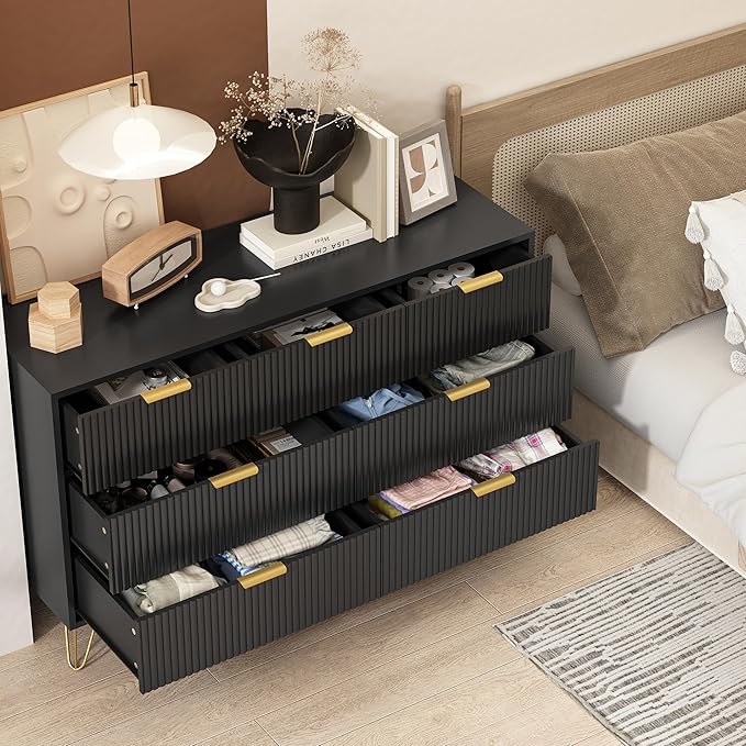 Black Dresser for Bedroom, 7 Drawers Dresser with Golden Handles, Modern Wood Chest for Living Room, Hallway, Entryway