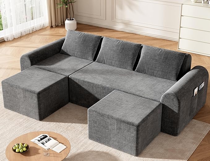 Cloud Sectional Couch with 2 Ottomans & 3 Pillows, Boneless Couches for Living Room, U Shaped Sectional Sofa Deep Seat Comfy Couch for Small Spaces, No Assembly Required, 72h to Restore