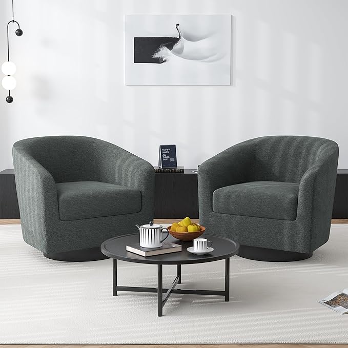 Swivel Barrel Accent Chair, Modern Round Chenille Fabric Arm Chair for Living Room, Bedroom, Comfy Club Reading Chairs for Adults（Chenille Fabric, Grey, Set of 2