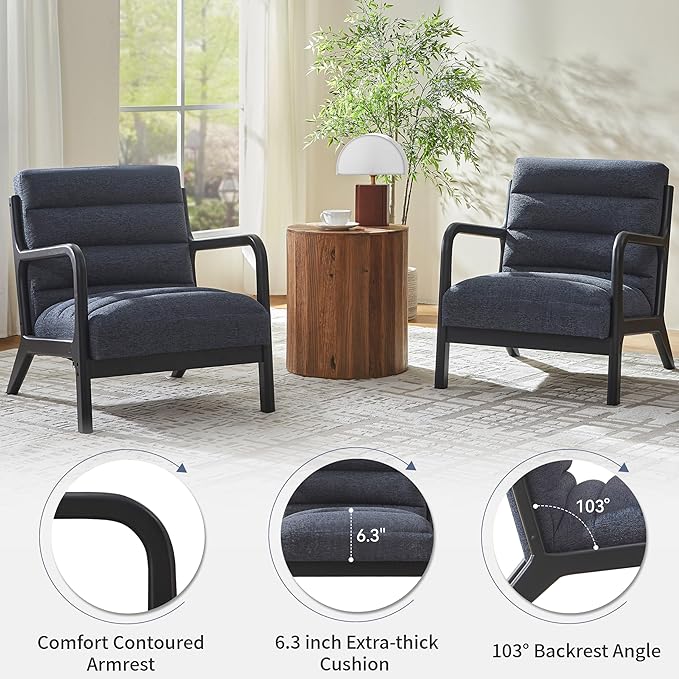 VKNOW Accent Chairs with Rubberwood Frame Accent Chairs Set of 2, Mid-Century Modern Upholstered Reading Armchair, High Back Lounge Armchair Living Room Chair for Bedroom Reading Room, Dark Blue