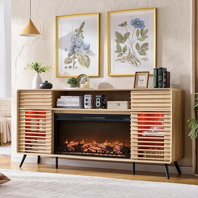 RedLemon Fireplace TV Stand for 80 Inch TV, Mid Century Modern Entertainment Center with 36" Electric Fireplace & Led Lights, Wood Media Console w/Slatted Sliding Doors for Living Room, Natural Oak