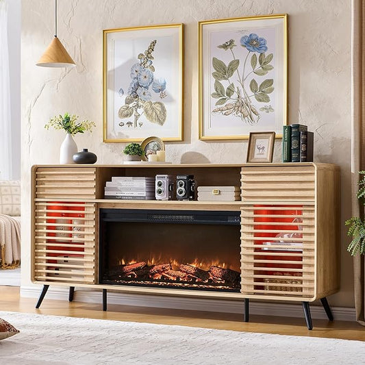 RedLemon Fireplace TV Stand for 80 Inch TV, Mid Century Modern Entertainment Center with 36" Electric Fireplace & Led Lights, Wood Media Console w/Slatted Sliding Doors for Living Room, Natural Oak