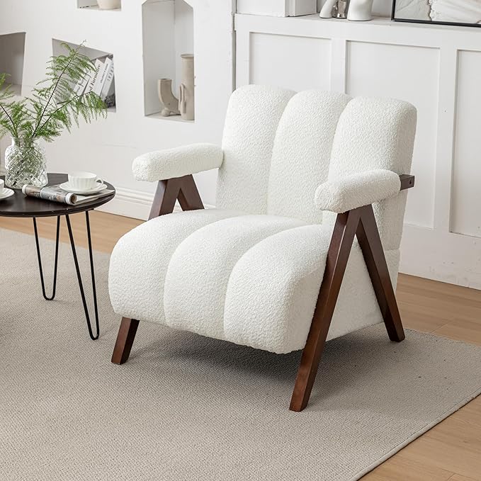 Mid Century Modern Accent Chair with Solid Wood Frame, Boucle Upholstered Living Room Chairs with Thick Cushion, Comfy Tufted Arm Chair for Bedroom, Ivory