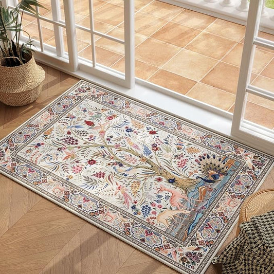 Indoor Door Mat 2x3 Rug Vibrant Tree of Life-Patterned Vintage Machine Washable Small Area Rug Non-Slip Low Pile Throw Rugs for Entryway Kitchen Front Door Entrance Entry Kids Room, Beige