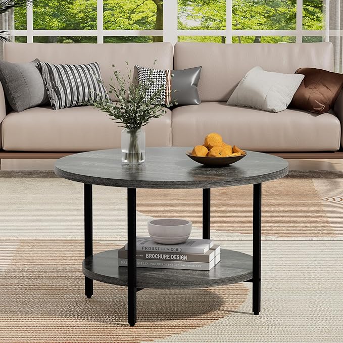 Coffee Table, 2 Tier Coffee Tables for Living Room, Round Coffee Table with Storage, Floor Table for Bedroom, Home Office, Dark Gray (27.6" D x 17.7" H)