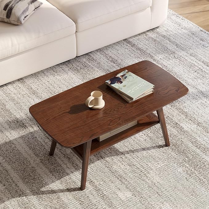 100% Solid Wood Coffee Table for Living Room, 39.37" Mid Century Modern Tables with Shelf Storage, 2-Tier Coffee Table with Rounded Corners (Oak Wood Walnut Color, 39.37" L)