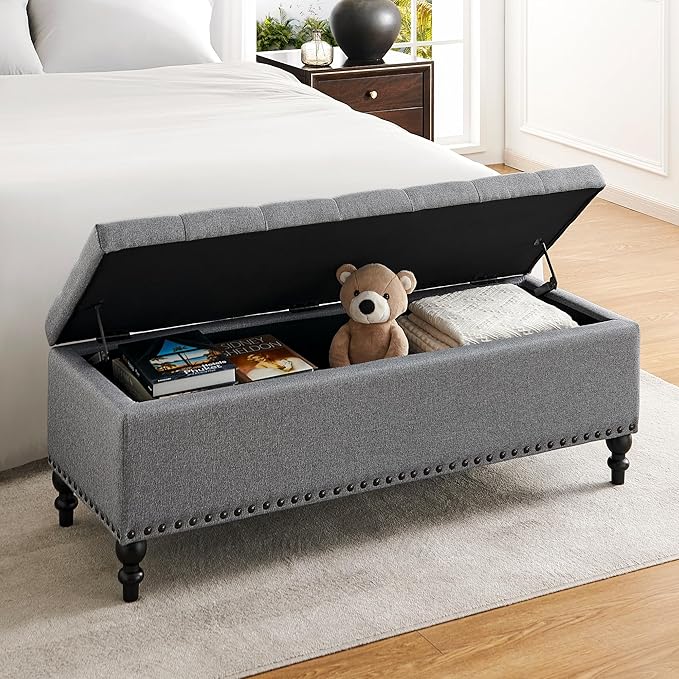 Storage Ottoman 50.2 Inches Upholstered Fabric Storage Ottoman Bench，Button Tufted Ottoman with Storage for Living Room，Bedroom End of Bed Bench Withstands 304lbs