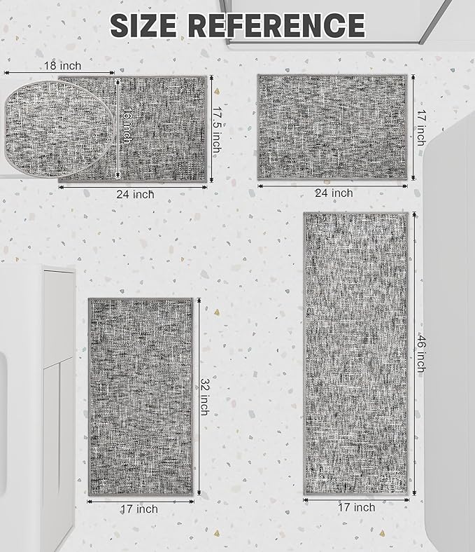 YIHOUSE Bathroom Rugs Sets 5 Pieces, Ultra Thin Non Slip Washable Bath Mat Sets, Absorbent Quick Dry Bath Mats for Bathroom Floor, Grey