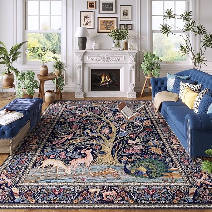 Area Rugs 5x7 Vibrant Tree of Life-Patterned Vintage Washable Area Rug Non Slip Low Pile Large Rugs for Living Room Bedroom Farmhouse Dining Room Kids Playroom, Blue