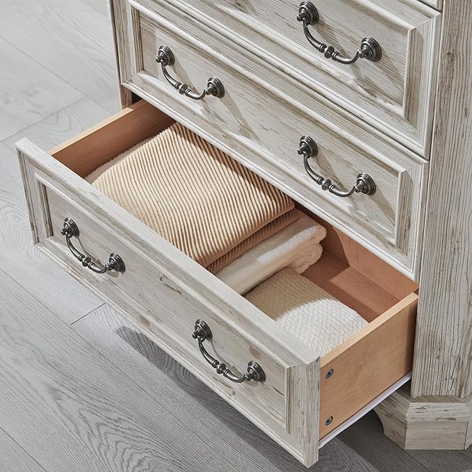 T4TREAM Farmhouse 5 Drawers Dresser for Bedroom, 48" Tall Wood Rustic Chest of Drawers with Natural Texture, Vintage Design, Storage Dressers Organizer for Bedroom, Living Room, Distressed White