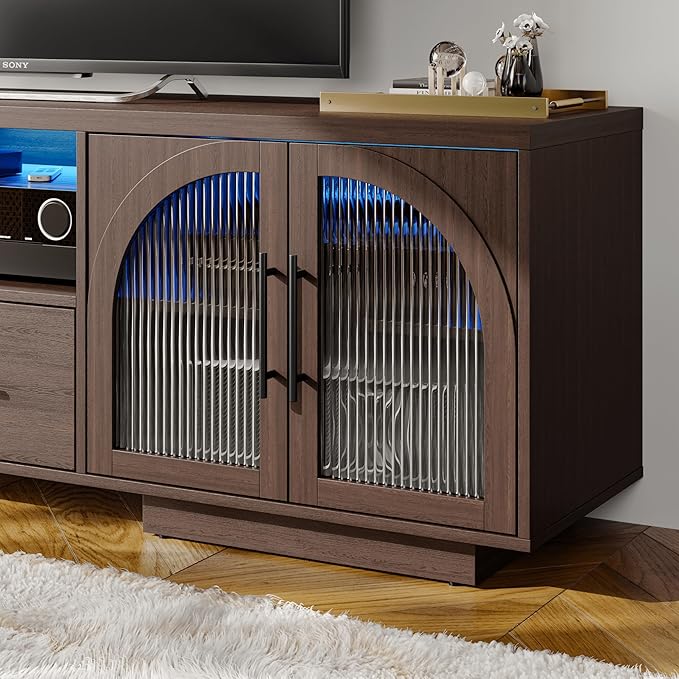 70" TV Stand for 80 Inch TVs, Entertainment Center with LED Lights and Arched Glass Doors, Faux Marble Wood Finish, Adjustable Shelves, Modern TV Cabinet for Living Room, Brown