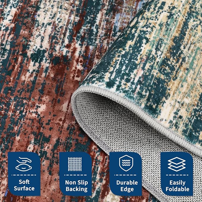 Washable Runner Rug 2x6 Modern Abstract Kitchen Rugs, Non Slip Bathroom Rug, Low Pile Laundry Room Soft Long Carpet for Hallway Bedroom Entryway, Red Multi