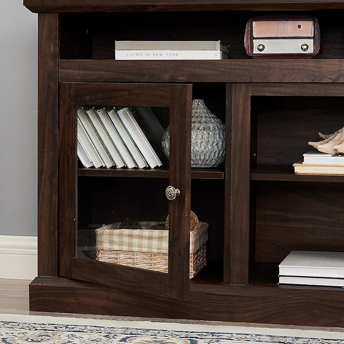 HMFULE 60" Farmhouse TV Stand for 60 65 Inch Television, Entertainment Center with 2 Storage Cabinets Glass Doors & Adjustable Shelves, 29" Tall Media Console Rustic Furniture for Living Room (Brown)