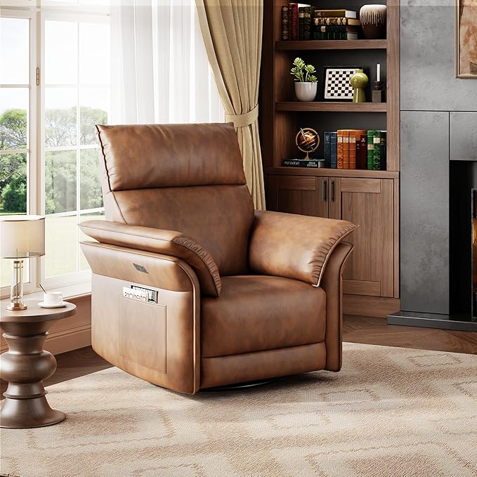 GarveeHome Power Recliner Chair Swivel Glider Upholstered Faux Leather Nursery Rocker Reclining Sofa Chair with Charging Port, Curved Armrests & Padded Backrest (Orange)