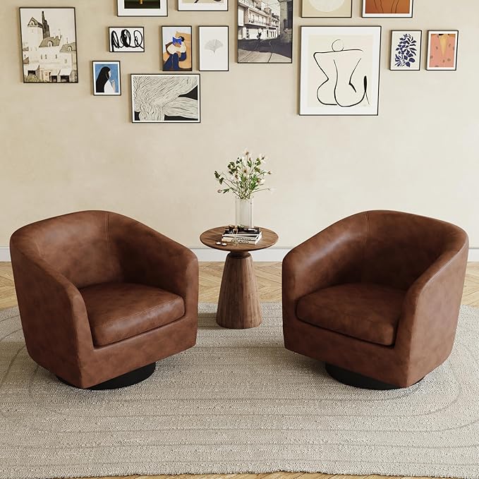 UIXE 360° Swivel Barrel Accent Chair Armchair, PU Leather Round Club Arm Chair for Lving Room, Modern Upholstered Small Bedroom Single Sofa Seat - Coffee Brown, Set of 2