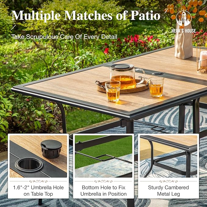 HERA'S HOUSE 7 PCS Outdoor Dining Sets for 6, Outdoor Rattan Chairs and Wood Like Table with 1.57" Umbrella Hole, Patio Dining Set for Deck, Balcony, Backyard, Garden