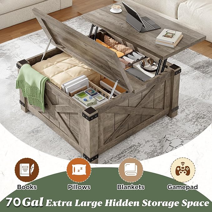 EnHomee Lift Top Coffee Table with Storage, 36" Farmhouse Coffee Tables for Living Room, Square Coffee Table with Large Hidden Space, for Living Room, Bedroom, Home Office, Oak Grey