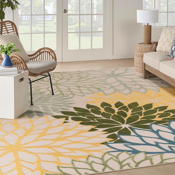 Nourison Home Aloha Indoor-Outdoor Green Multicolor 10' x 14' Area Rug, Easy Cleaning, Non Shedding, Bed Room, Living Room, Dining Room, Backyard, Patio, Deck (10x14)