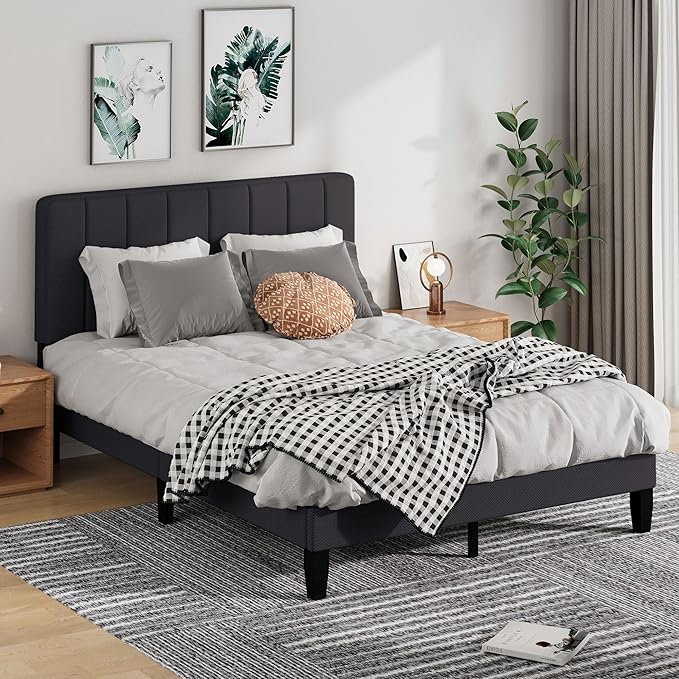 Full Size Bed Frame with Headboard,Fabric Upholstered Platform Bed Frame with Wooden Slats Support,No Box Spring Needed/Non-Slip Without Noise/Easy Assembly, Darkgrey