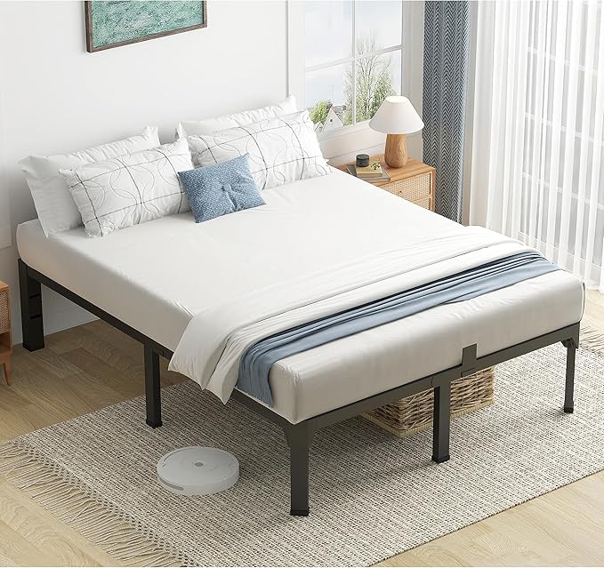 California King Bed Frame with Mattress Slide Stopper, 14 Inch Metal Platform Bed Frame, Heavy Duty Tall Bed Frame No Box Spring Needed with Large Storage Space, Easy Assembly, Noise Free