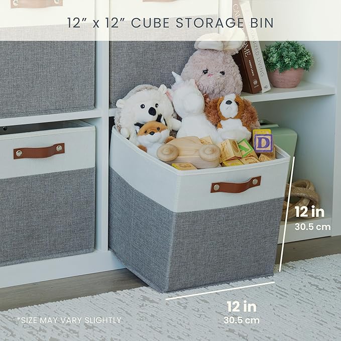 OrganiHaus 12x12 Fabric Storage Bins - Set of 4, Cube Fabric Organizer Bins with Vegan Handles, Kallax Storage Cubes, Cubbies Organizer Boxes, 12Inch Cubic Baskets for Shelves - Grey / White