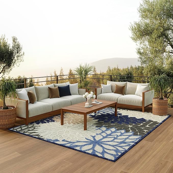 Nourison Aloha Indoor/Outdoor Blue/Multicolor 6' x 9' Area Rug, Easy Cleaning, Non Shedding, Bed Room, Living Room, Dining Room, Deck, Backyard, Patio (6x9)