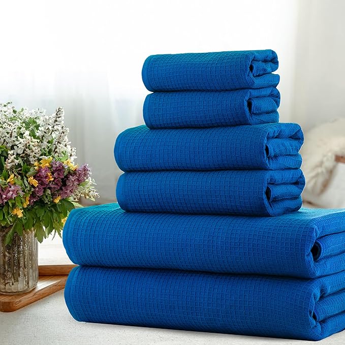 CASA COPENHAGEN Waffle Towel, 6Pieces 100% Cotton Large Towel Set- Electric Blue, 2Bath 2Hand 2Washcloths Instant Absorb and Dry, Soft Strong Towels for Hotel Spa Kitchen Bathroom & Shower