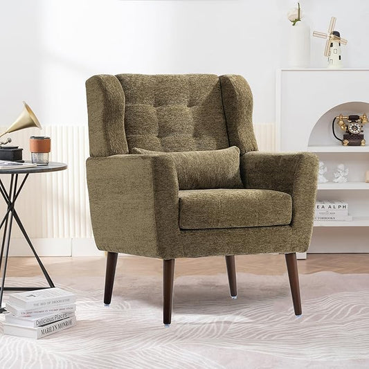 Accent Chair, Comfy Upholstered Living Room Chairs with High Tufted Backrest and Pillow, Wingback Reading Chair with Solid Wood Legs for Bedroom/Office, Chenille Fabric, Olive Green