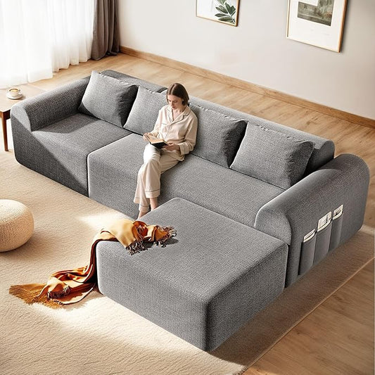 105.5" Boneless Sofa for Living Room, Cloud Sectional Couch Ottoman & 4 Pillows, 4-Seater Comfy Compressed Sofa L Shaped Sectional Couch, No Assembly Required, 72h to Restore