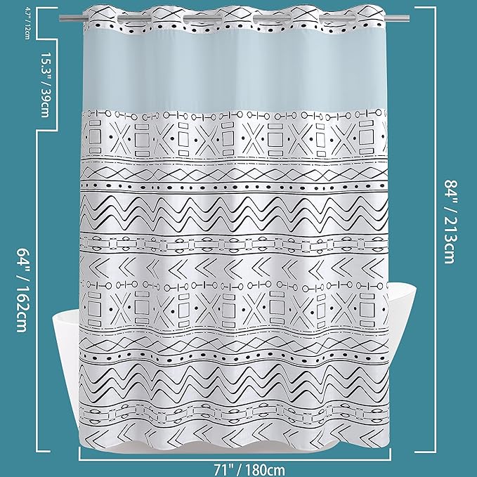 Extra Long No Hook Boho Shower Curtain with Snap in Liner Set, Hotel Luxury White Shower Curtains for Bathroom with See Through Top Window, Waterproof, Washable 71W x 84H