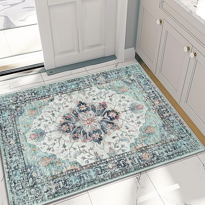 Area Rugs 2'x3' Washable Non-Slip, Floral Vintage Distress Print Pattern Medallion Carpet for Living Room Bedroom Dining Room, Green Navy Blue White Red Teal Colorful